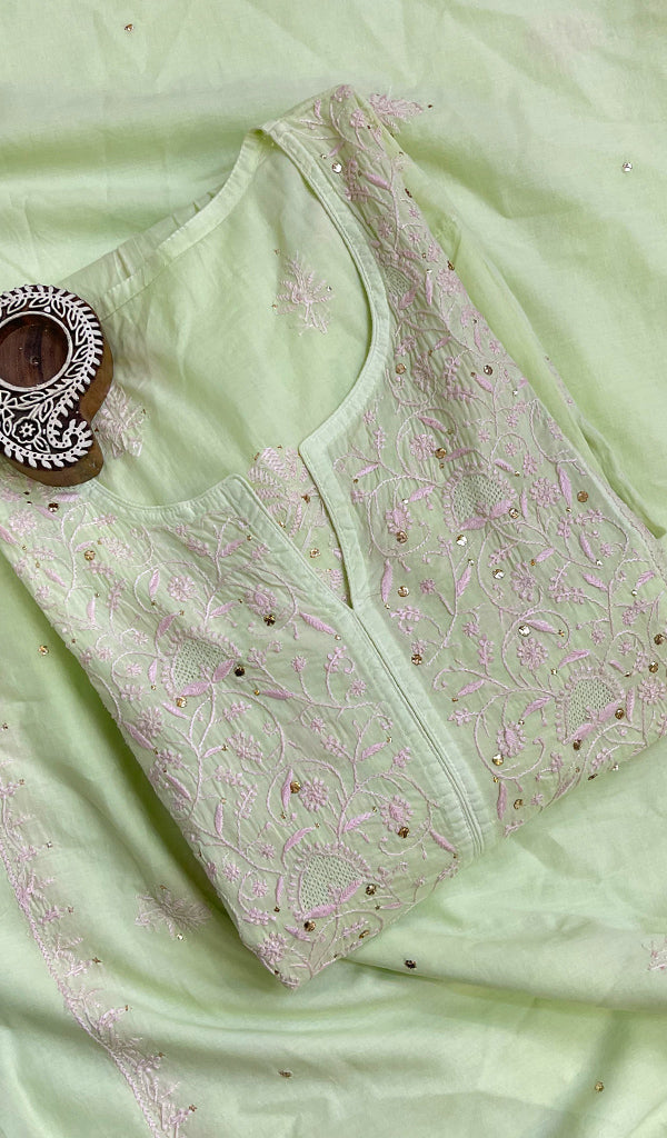Women's Lakhnavi Handcrafted Mul Cotton Cotton Semi Stitched Chikankari Kurta Dupatta Set - HONC0134231
