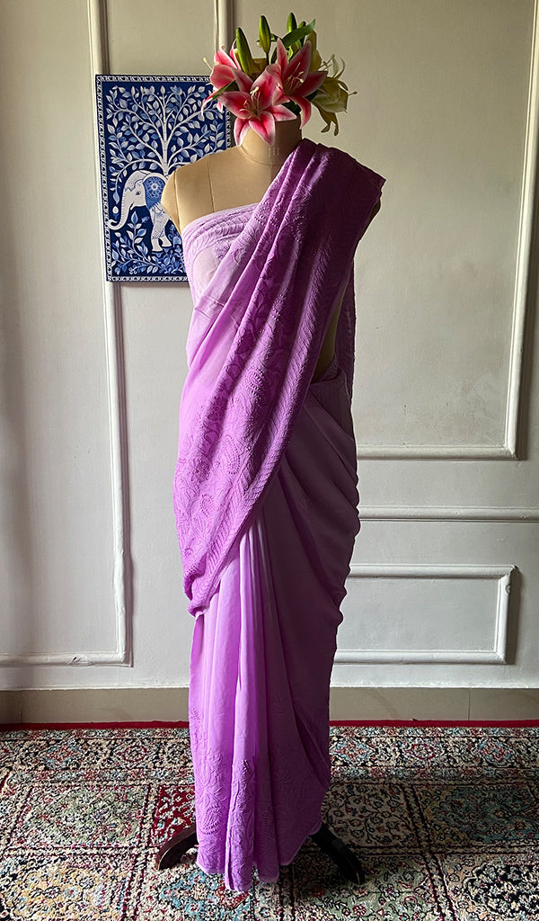 Women's Lakhnavi Handcrafted Viscose Georgette Chikankari Saree - HONC090396