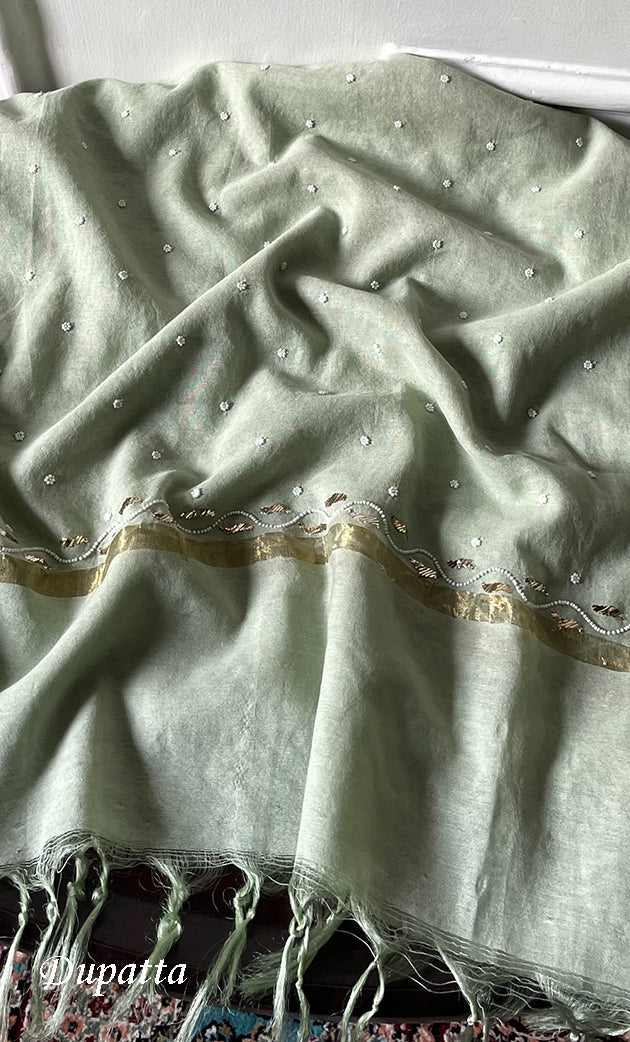 Women's Lakhnavi Handcrafted Mul Chanderi Unstitched Chikankari Full Suit Material - HONC0311949