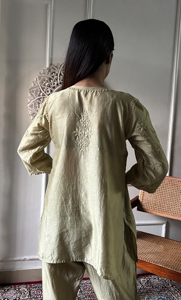 Imara Women's Lakhnavi Handcrafted Chanderi Silk Chikankari Top And Pant Set - HONC0340438