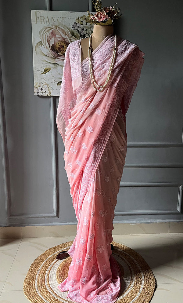 Women's Lakhnavi Handcrafted Pure Silk Georgette Chikankari Saree - HONC0285571