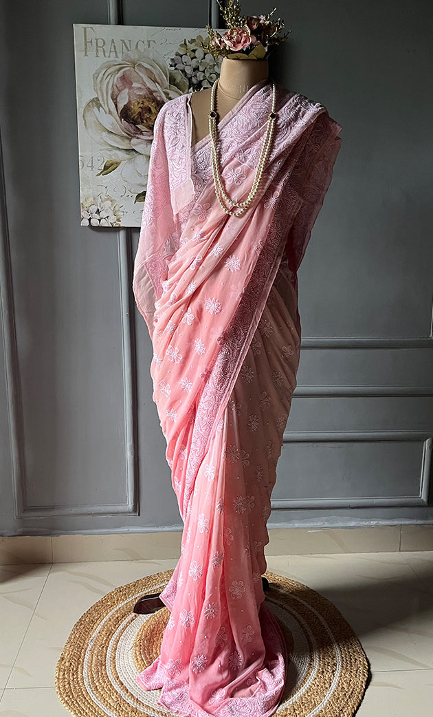 Women's Lakhnavi Handcrafted Pure Silk Georgette Chikankari - HONC0285571