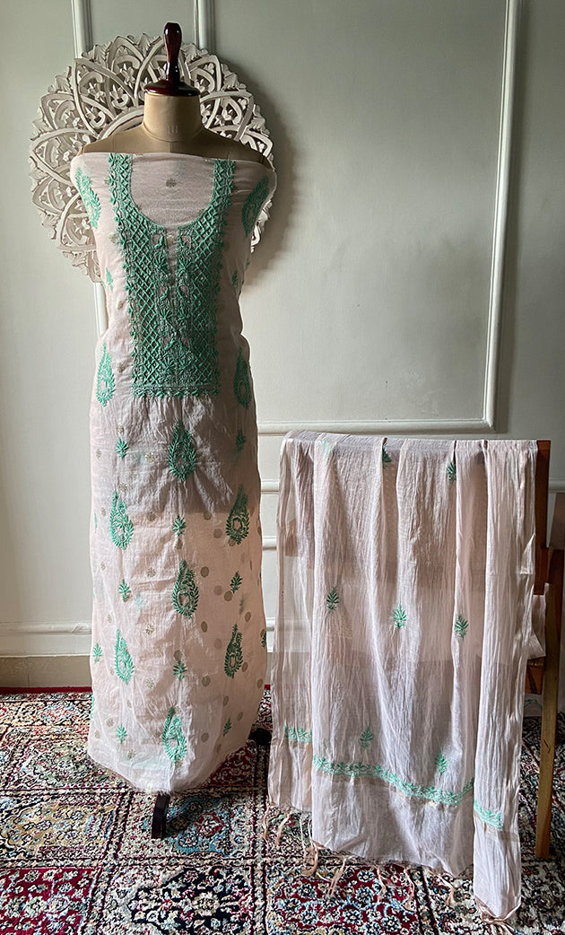 Women's Lakhnavi Handcrafted Mul Chanderi Unstitched Chikankari Full Suit Material - HONC0316863