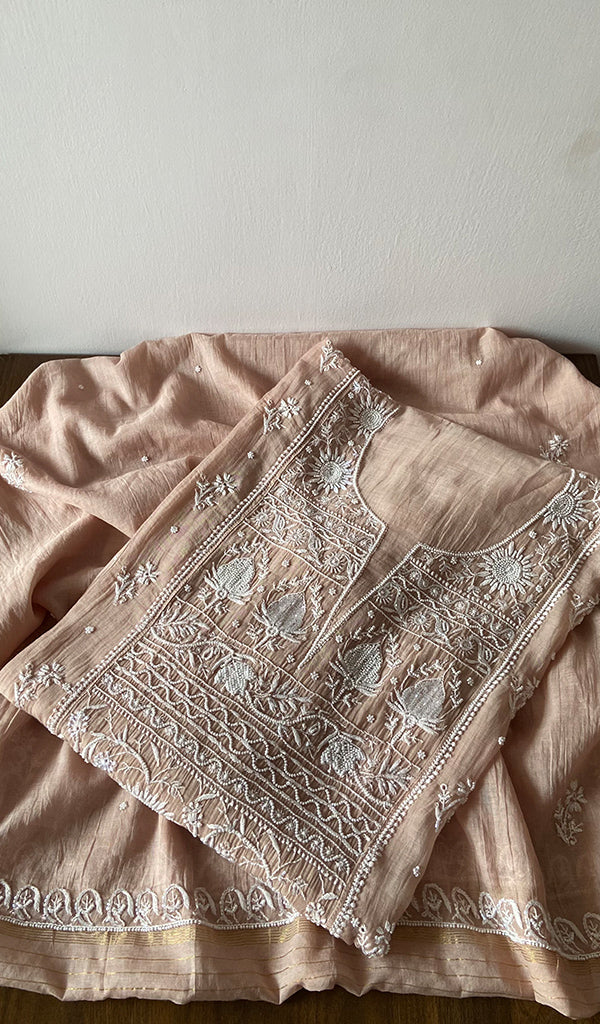 Beige Pure Mul Chanderi Chikankari 3 Pc Semi-Stitched Anarkali Suit Set