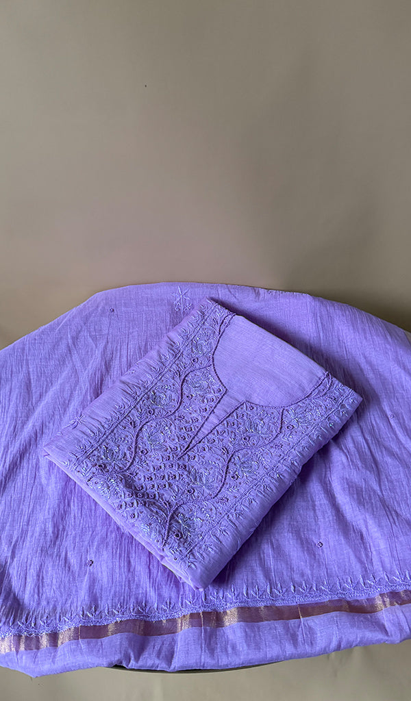 Women's Lakhnavi Handcrafted Mul Chanderi Unstitched Chikankari Full Suit Material - HONC0370488