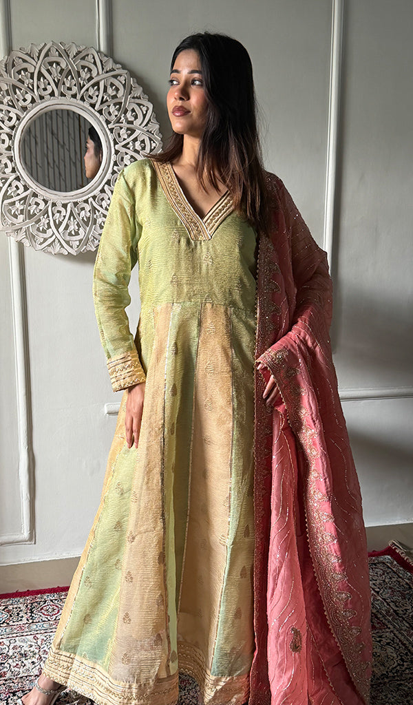 Women's Lakhnavi Handcrafted Tissue Chanderi Silk  Chikankari Stitched Anarkali , Dupatta And Pant Set - HONC0340595