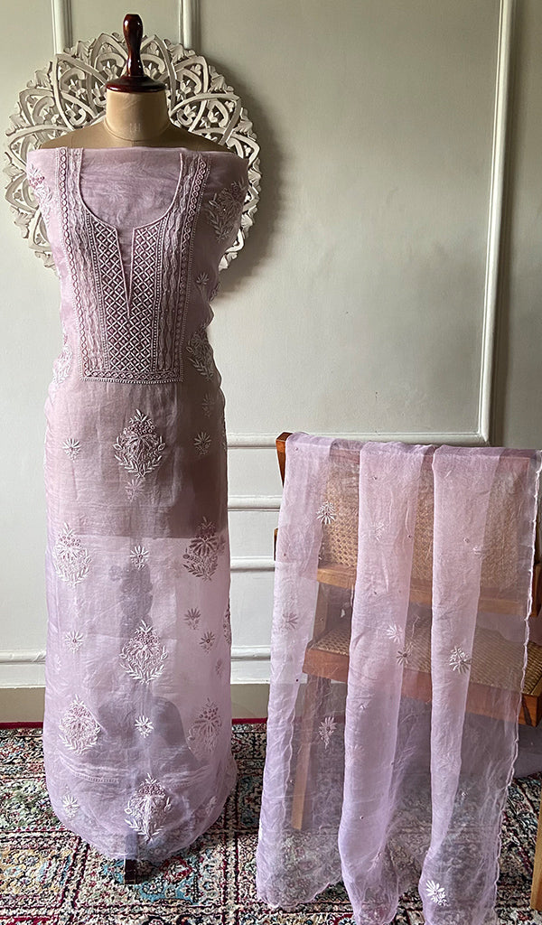 Women's Lakhnavi Handcrafted Pure Organza Chikankari Unstitched Kurta And Dupatta Set- HONC0329217