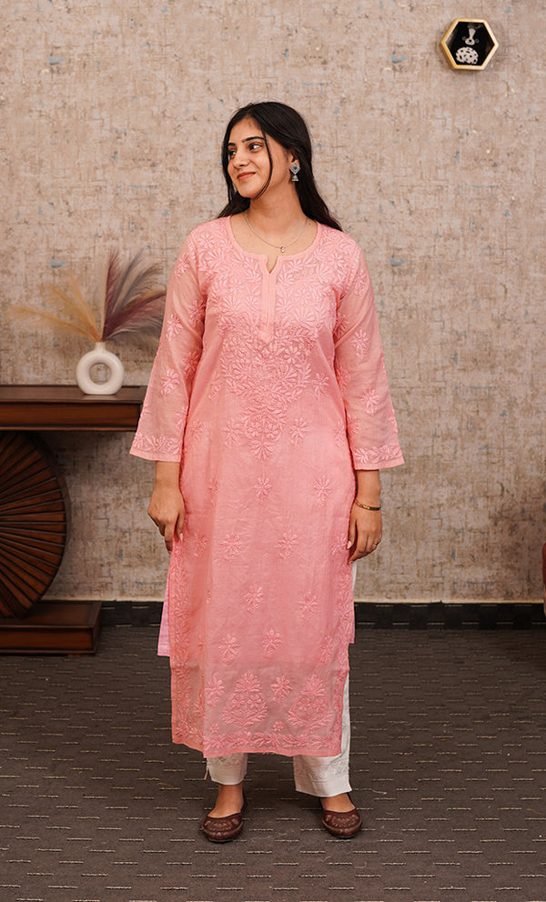 Women's Lucknowi Handcrafted Chanderi Silk Chikankari Kurti - HONC01308098