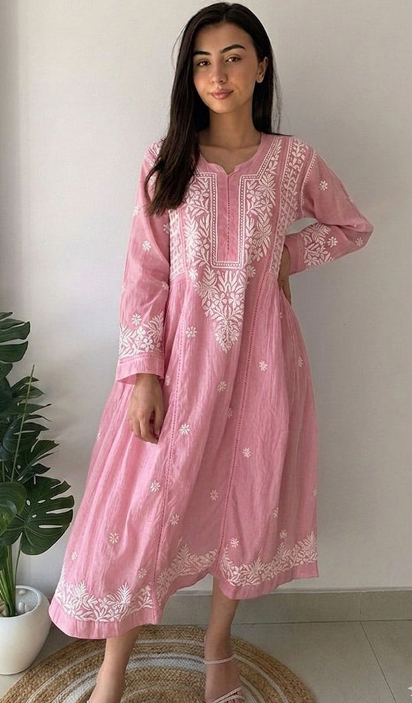 Fariah Women's Lucknowi Handcrafted Mul Chanderi Chikankari Kurti - HONC0846498