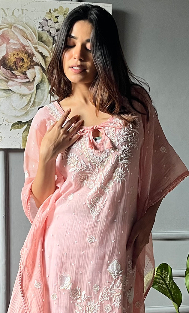 Rabia Women's Lucknowi Handcrafted Mul chanderi  Chikankari Kaftan - HONC0305457