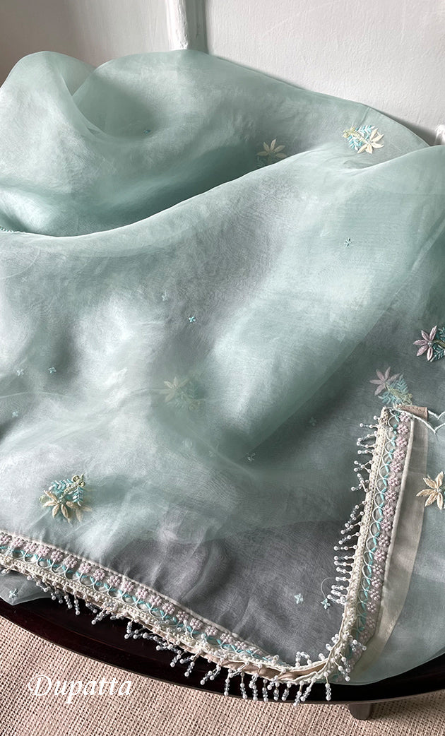 Women's Lakhnavi Handcrafted Pure Organza Chikankari Unstitched Kurta And Dupatta Set- HONC0321452