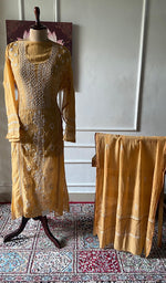 将图像加载到图库查看器中， Women's Lucknowi Handcrafted Mul Chanderi Semi - stitched Chikankari Kurta Dupatta Set - HONC0284755