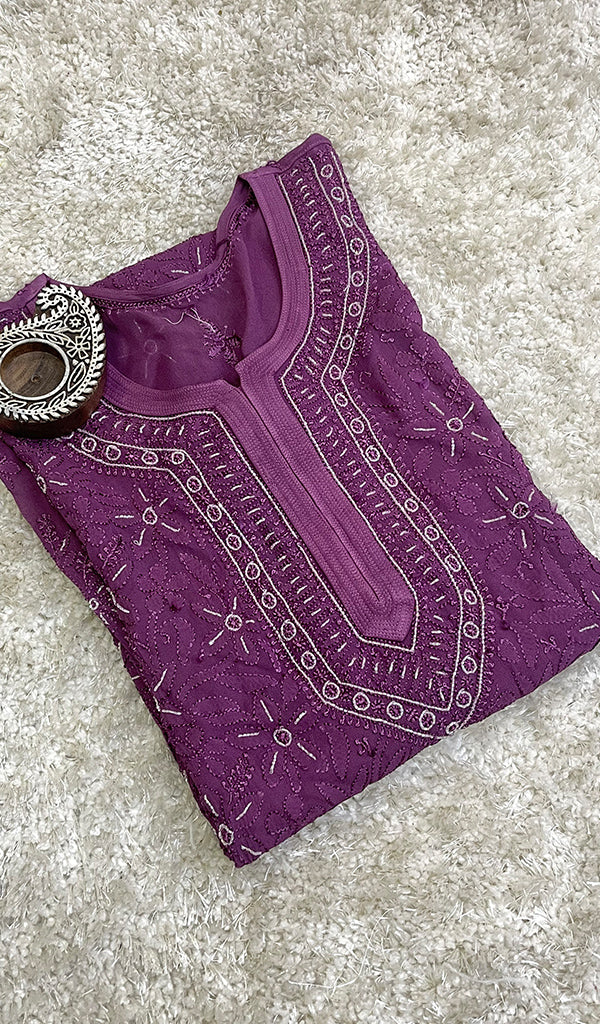 Women's Lakhnavi Handcrafted Viscose Georgette Chikankari Kurti - HONC0144364