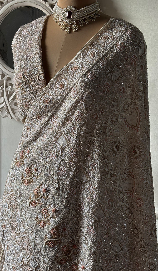 Women's Lakhnavi Handcrafted Bridal Pure Silk Georgette Chikankari Lehenga Set - HONC0263727