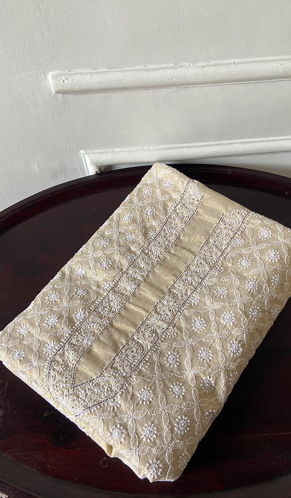 Lucknowi Handcrafted Tissue Chanderi Chikankari Unstitched Unisex Kurta Fabric - HONC0338779