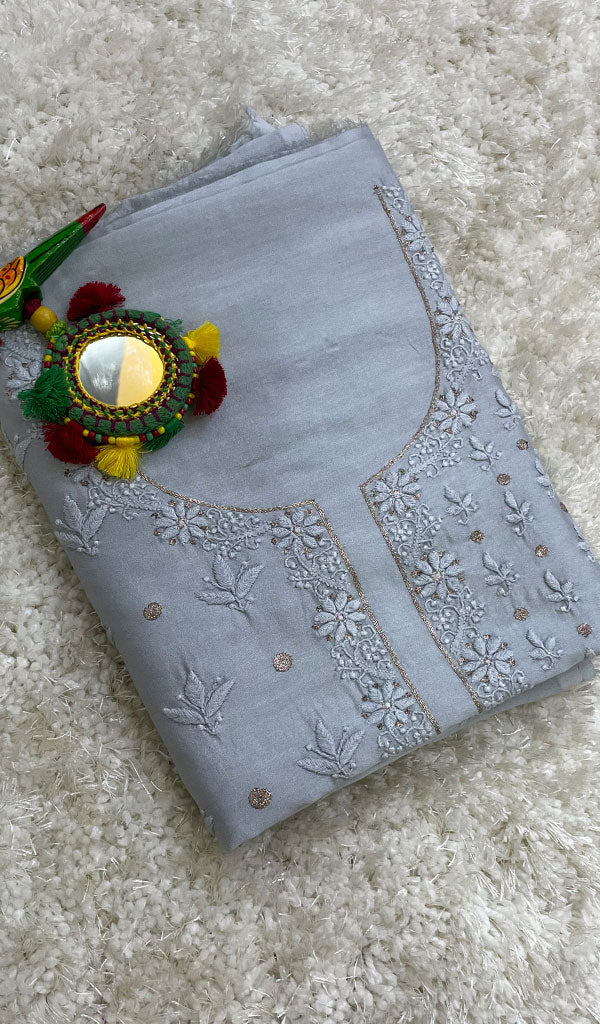 Women's Lakhnavi Handcrafted Chanderi Silk Chikankari Unstitched Kurti Fabric - HONC0151905