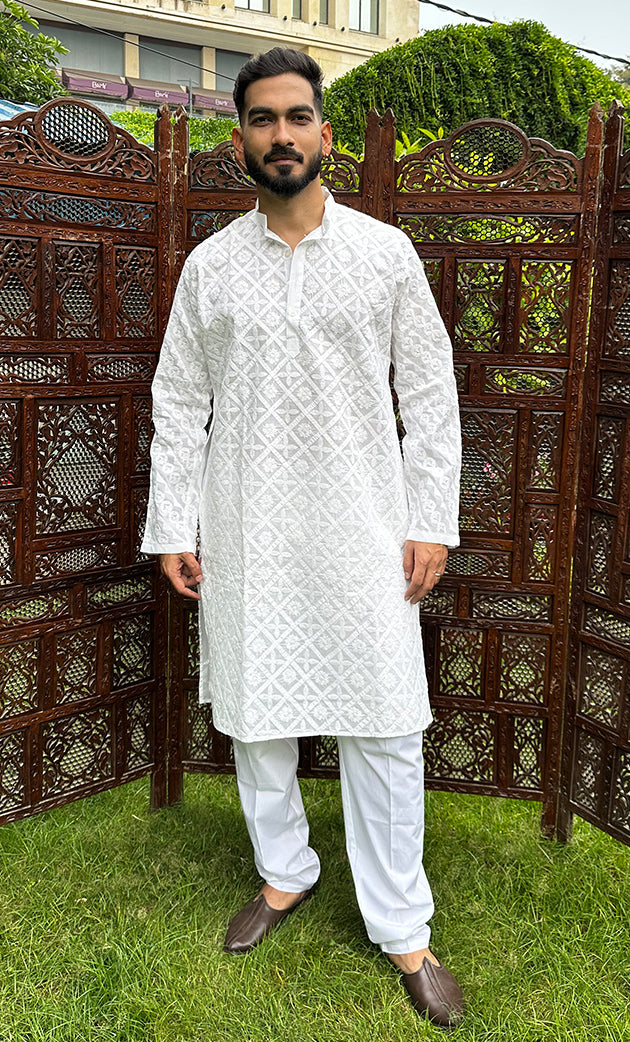 Men's Lucknowi Handcrafted Cotton Chikankari Kurta - HONC0283972