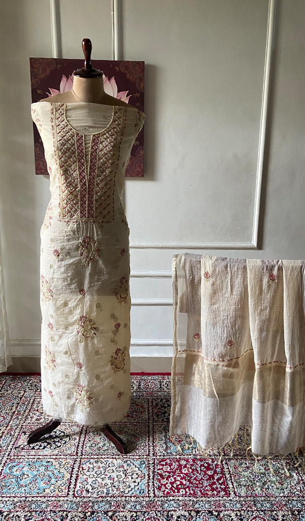 Women's Lakhnavi Handcrafted Chanderi Silk Unstitched Chikankari Full Suit - HONC0352032