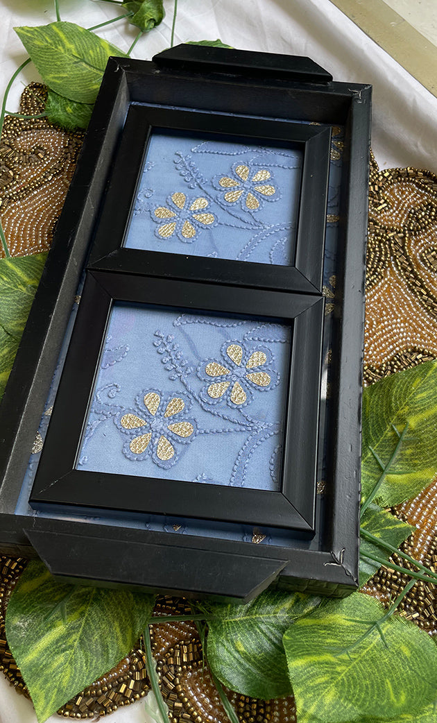 Handcrafted Chikankari Tray with Two Coasters – Wooden Frame - HONC0237173