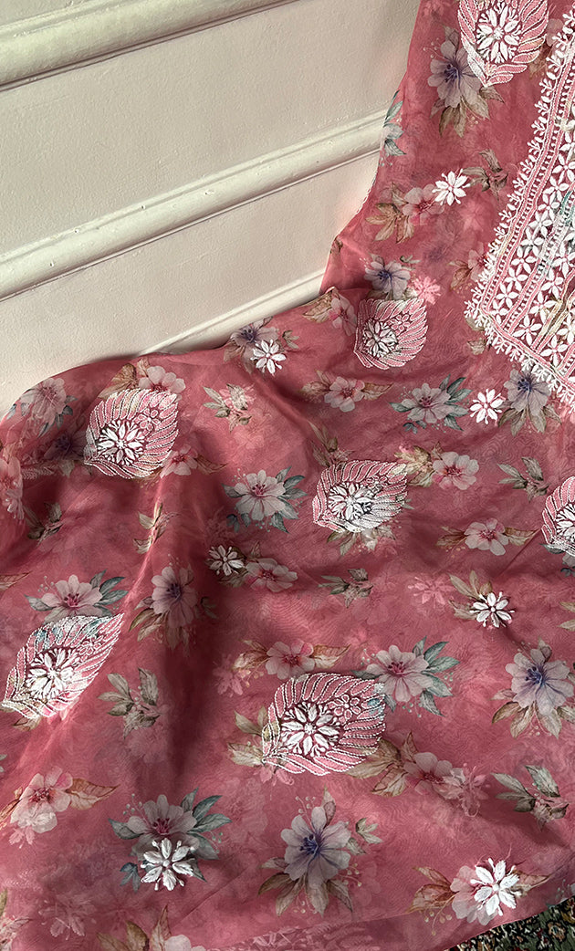 Disha Women's Lakhnavi Handcrafted Organza Chikankari Unstitched Kurti Fabric - HONC0332149