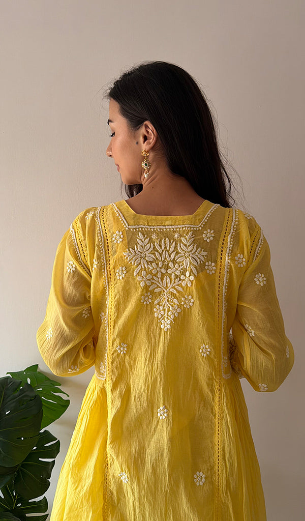 Fariah Women's Lucknowi Handcrafted Mul Chanderi Chikankari Kurti - HONC0264995