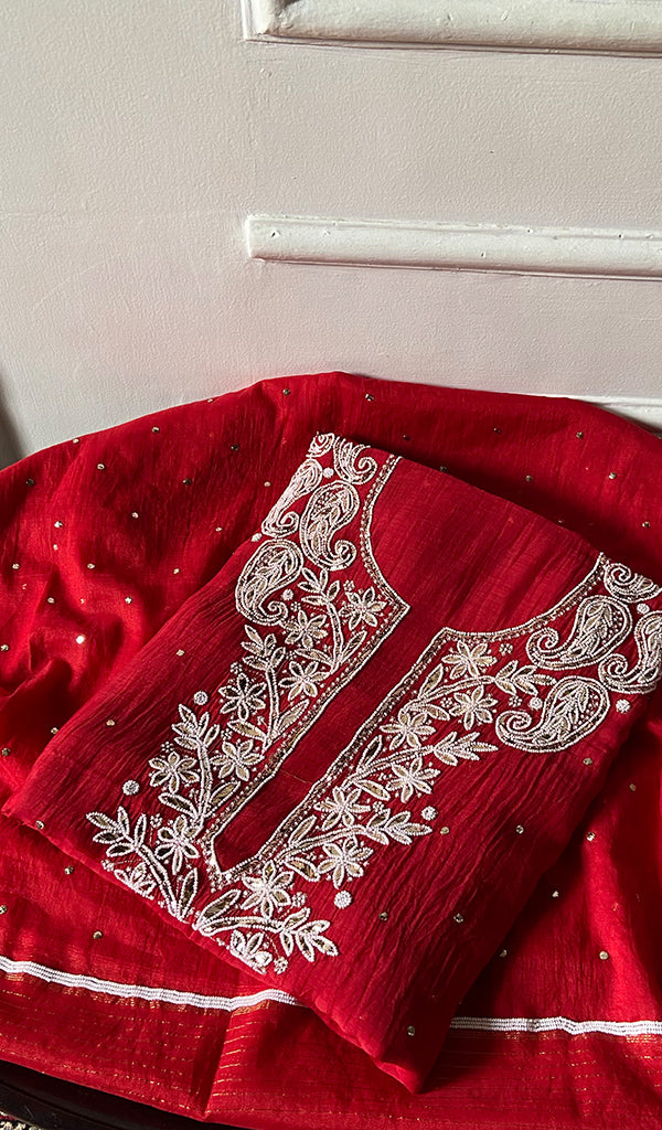 Women's Lakhnavi Handcrafted Mul Chanderi Unstitched Chikankari Full Suit - HONC0362593