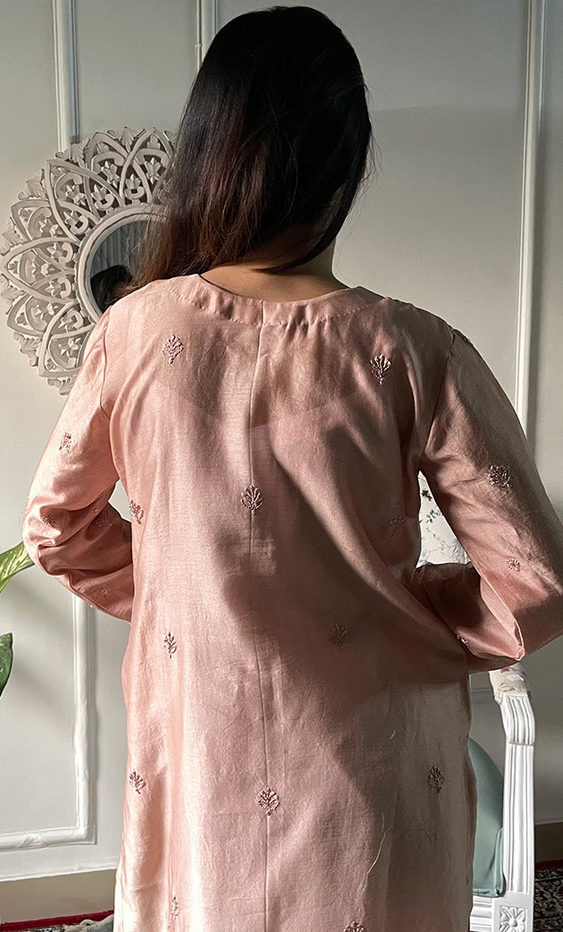 Women's Lucknowi Handcrafted Chanderi Silk Chikankari Kurti - HONC0318772