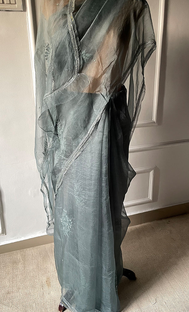 Women's Lucknowi Handcrafted Pure Organza Silk Chikankari Saree - HONC0277625