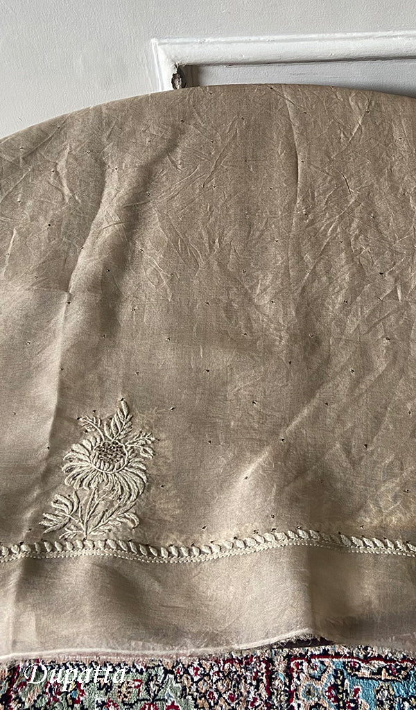 Women's Lakhnavi Handcrafted Pure Organza Chikankari Unstitched Kurta And Dupatta Set- HONC0341960