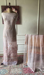 Load image into Gallery viewer, Women's Lakhnavi Handcrafted Pure Organza Chikankari Unstitched Kurta And Dupatta Set- HONC0377290