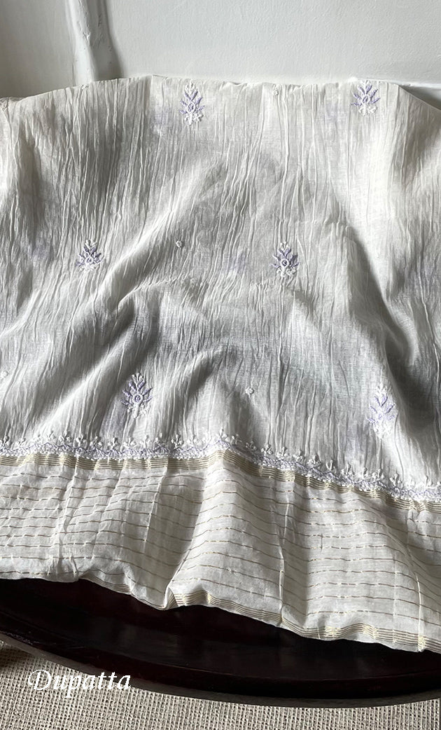 Women's Lakhnavi Handcrafted Unstitched Mul Chanderi Kurta And Dupatta Set - HONC0319475