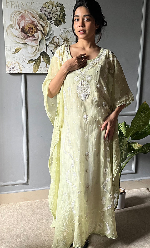 Rabia Women's Lucknowi Handcrafted Mul chanderi Chikankari Kaftan - HONC0304371