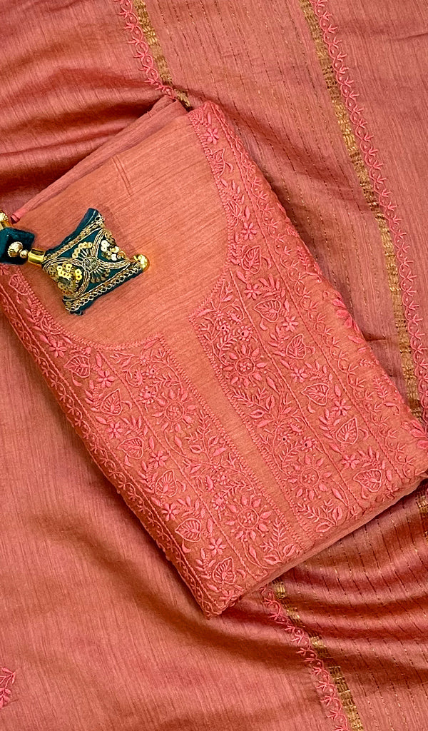 Women's Lakhnavi Handcrafted Munga Silk Chikankari Kurta And Dupatta Set- HONC0108291
