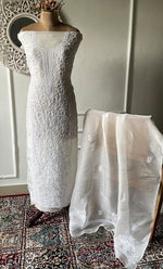 将图像加载到图库查看器中， Women&#39;s Lakhnavi Handcrafted Pure Organza Chikankari Unstitched Kurta And Dupatta Set- HONC0328886
