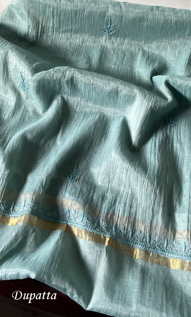 Women's Lakhnavi Handcrafted Mul Chanderi Unstitched Chikankari Full Suit Material - HONC0319534