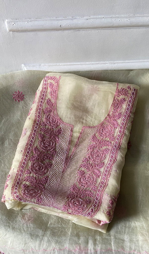 Women's Lakhnavi Handcrafted Pure Organza Chikankari Unstitched Kurta And Dupatta Set- HONC0361461