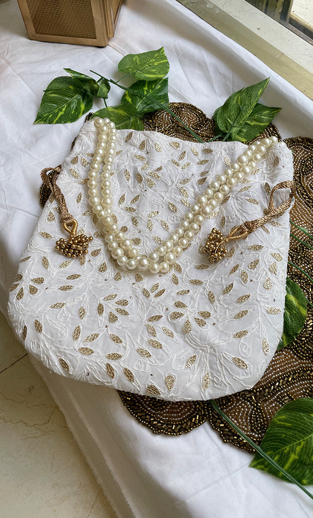 White Handcrafted Chikankari Embroidered Potli Clutch  bag - HONC0287780