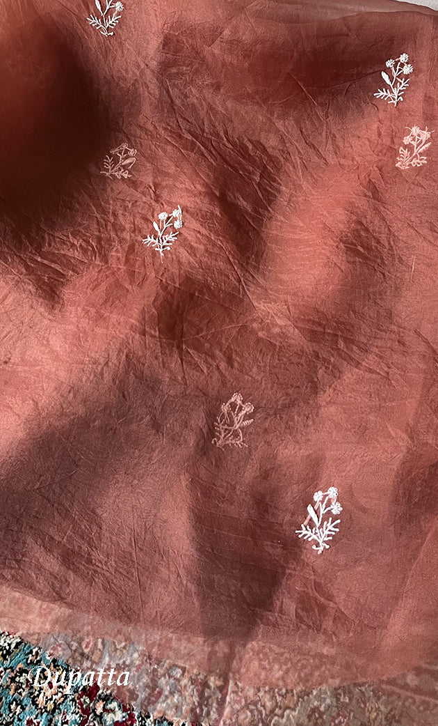 Women's Lakhnavi Handcrafted Pure Organza Chikankari Unstitched Kurta And Dupatta Set- HONC0319192