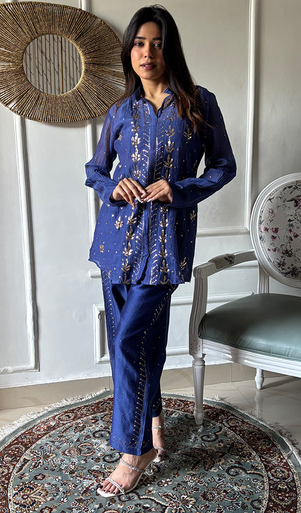 Emma Women's Lucknowi Handcrafted Mul Chanderi Stitched Chikankari Kurta And Plazzo Set- HONC0338383