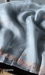 将图像加载到图库查看器中， Women&#39;s Lakhnavi Handcrafted Pure Organza  Silk Chikankari Unstitched Full Suit Material - HONC0267223
