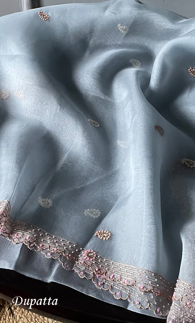 Women's Lakhnavi Handcrafted Pure Organza  Silk Chikankari Unstitched Full Suit Material - HONC0267223