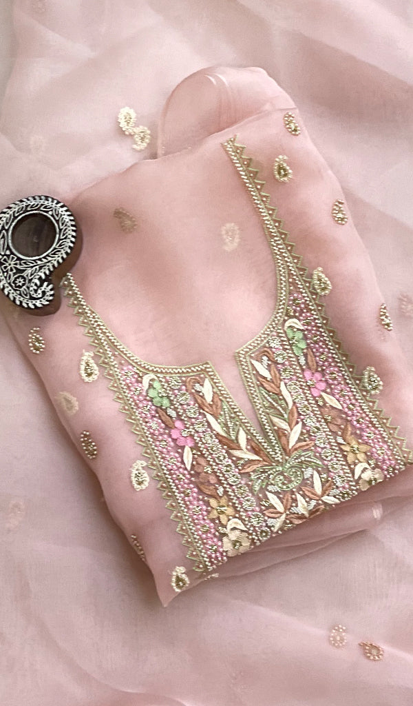 Women's Lakhnavi Handcrafted Pure Organza Chikankari Unstitched Kurta And Dupatta Set- HONC0209006