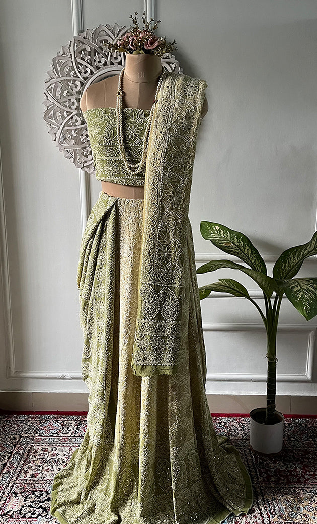 Women's Lakhnavi Handcrafted Bridal Pure Georgette Chikankari Lehenga Set - HONC0271838