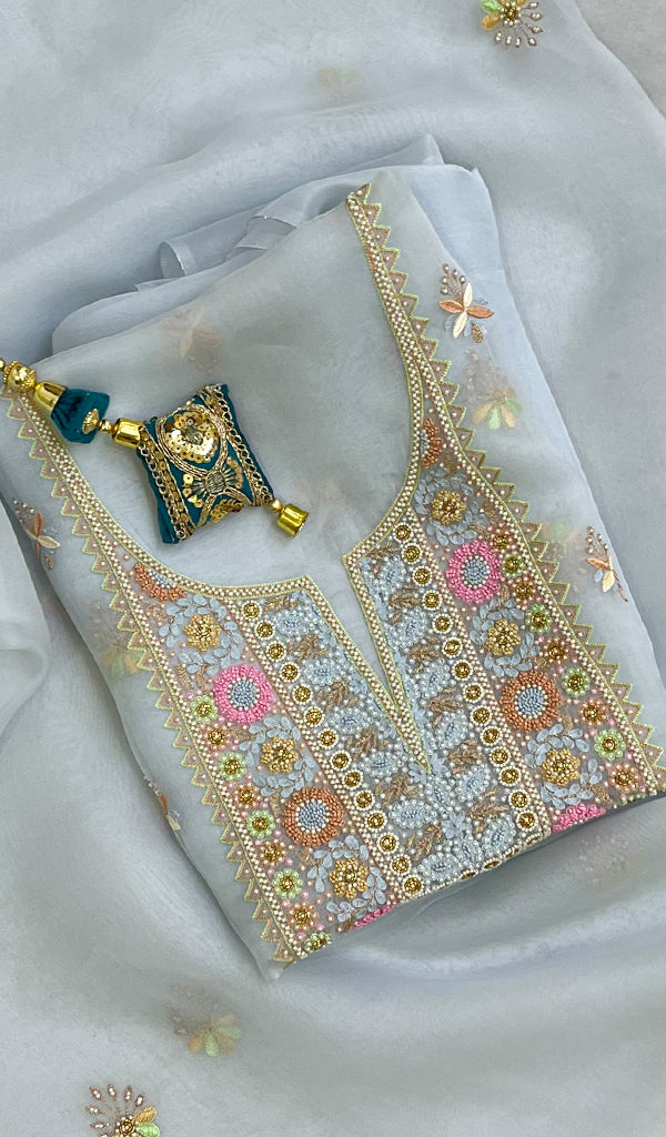 Lakhnavi Handcrafted Pure Organza Chikankari Unstitched Kurta And Dupatta Set - HONC0142510