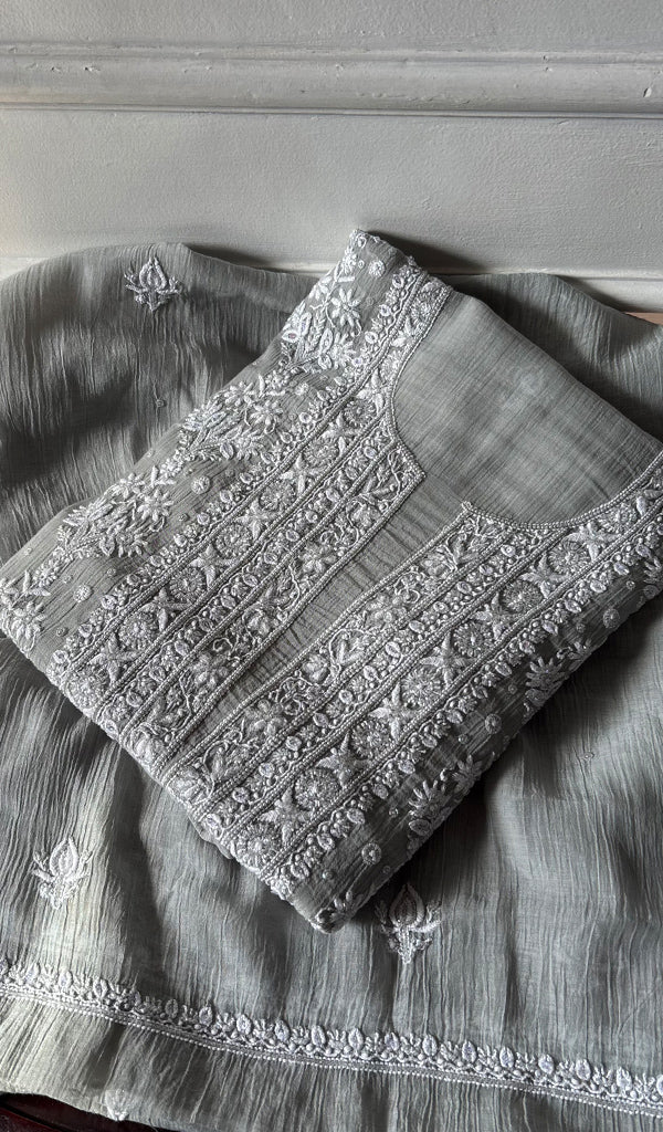Zeba Women's Lakhnavi Handcrafted Mul Chanderi Unstitched Kurta And Dupatta Set - HONC0374454