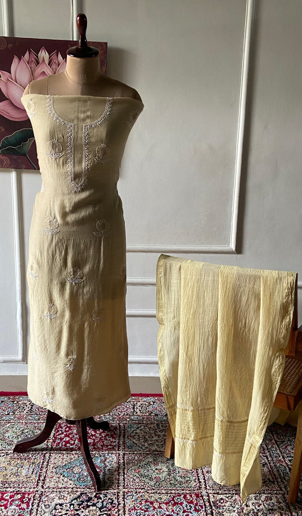 Women's Lakhnavi Handcrafted Chanderi Silk Unstitched Chikankari Full Suit - HONC0345265