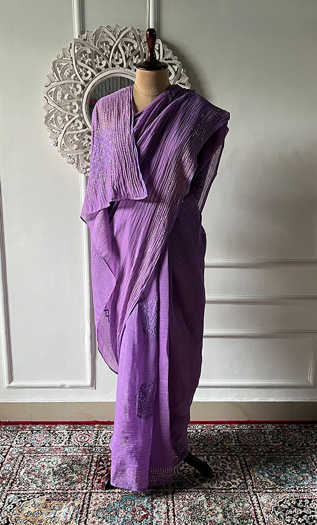 Women's Lakhnavi Handcrafted Mul Chanderi Chikankari Saree - HONC0321336