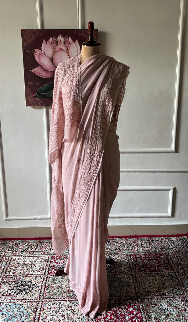 Women's Lakhnavi Handcrafted Viscose Georgette Chikankari Saree - HONC0337527