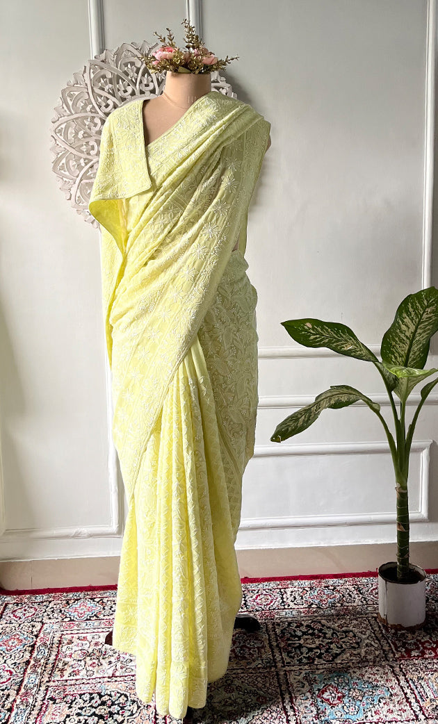 Women's Lakhnavi Handcrafted Pure Silk Georgette Chikankari Saree - HONC0330946