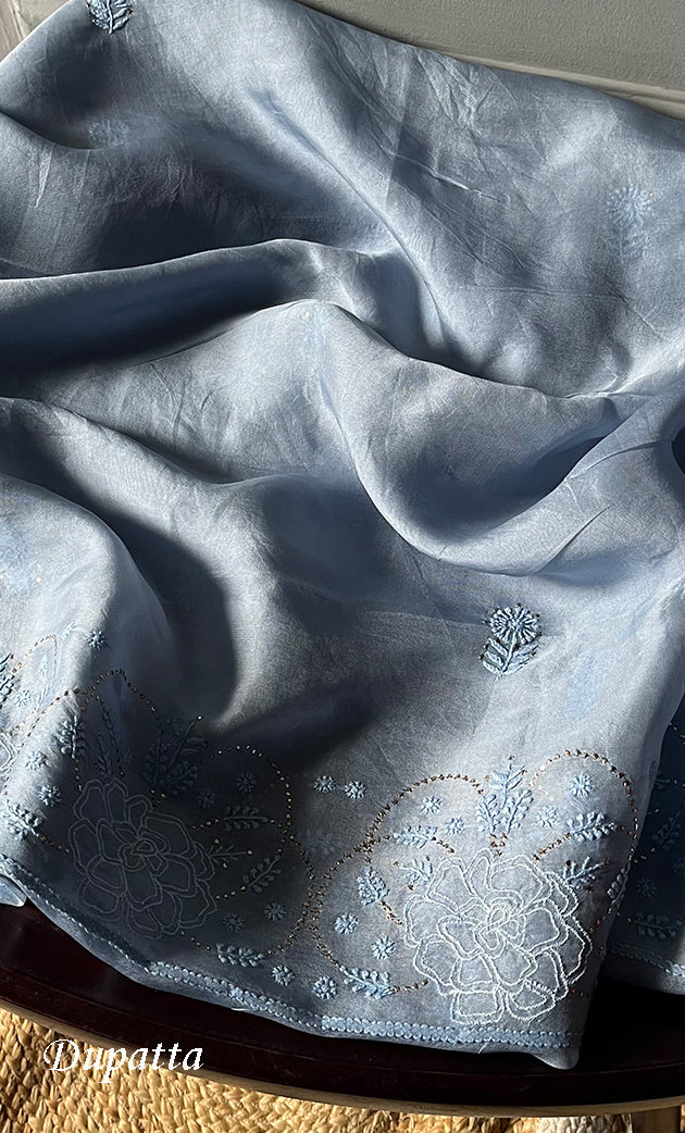 Women's Lakhnavi Handcrafted Pure Organza Chikankari Unstitched Kurta And Dupatta Set- HONC0279308